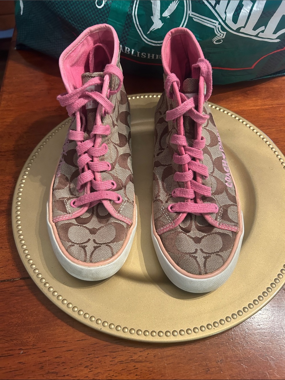 Coach Pink-Trim Signature Canvas High-Top Sneakers